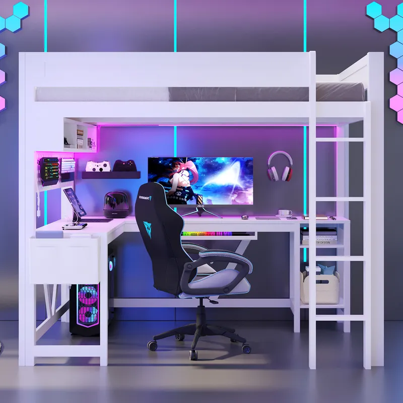 White Gaming Loft Bed with Des - Esports Gaming Bed ulasan dan harga