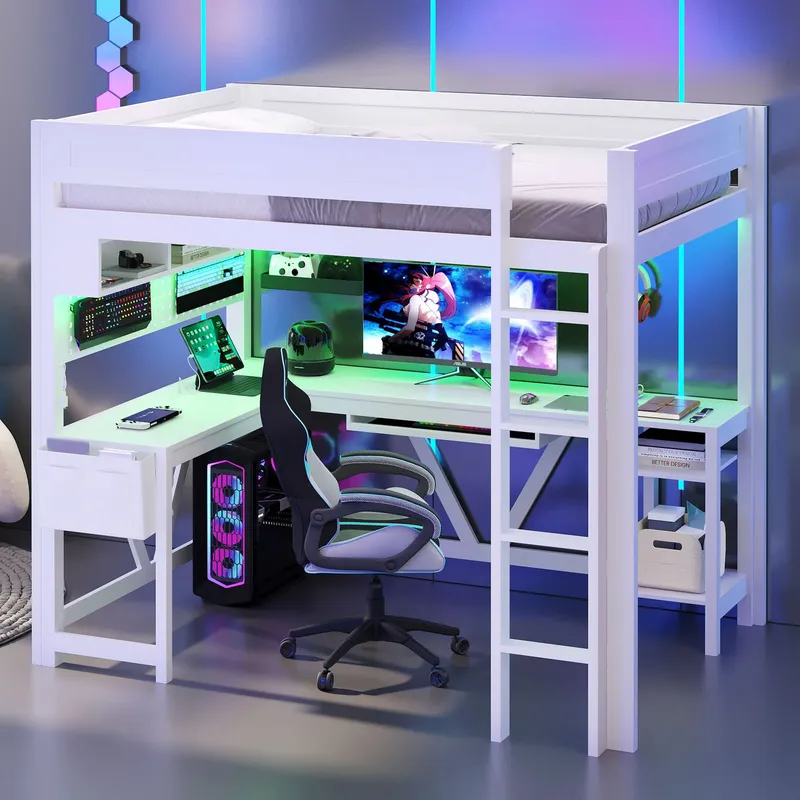 White Gaming Loft Bed with Des - Esports Gaming Bed ulasan dan harga